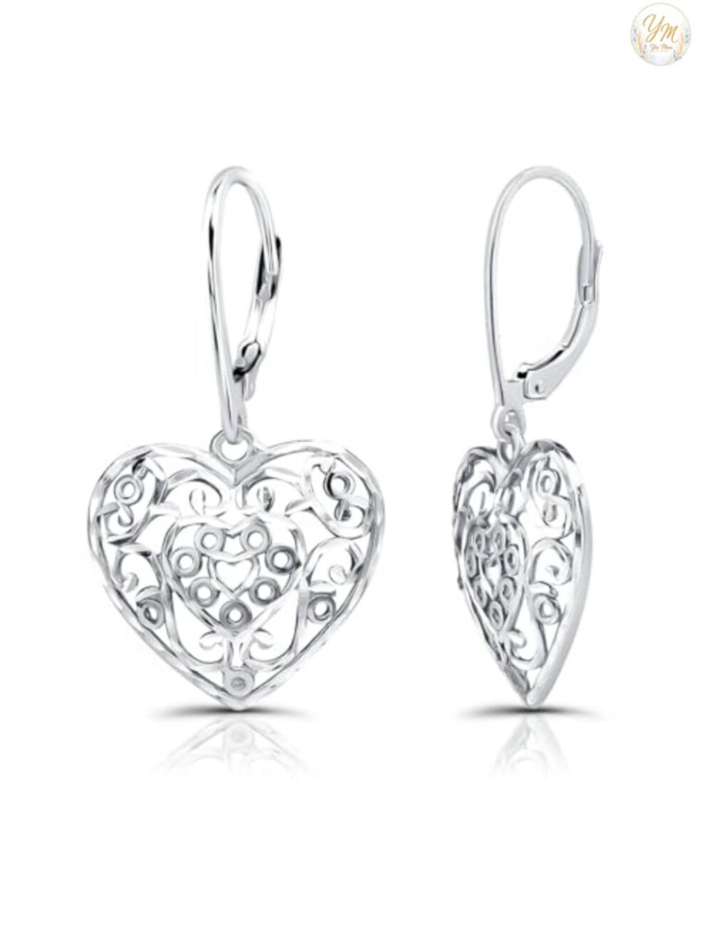 925 Sterling Silver Filigree Heart Dangle Drop Earrings French Hook